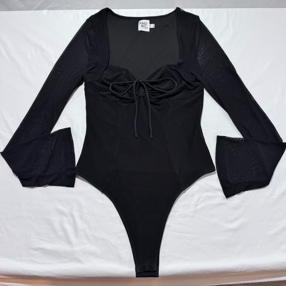 Princess Polly Black Mesh Tie Front Bell Sleeve Bodysuit Snap Crotch Womens US 8